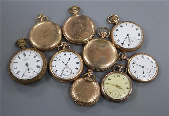 Nine assorted mainly gold plated pocket watches.